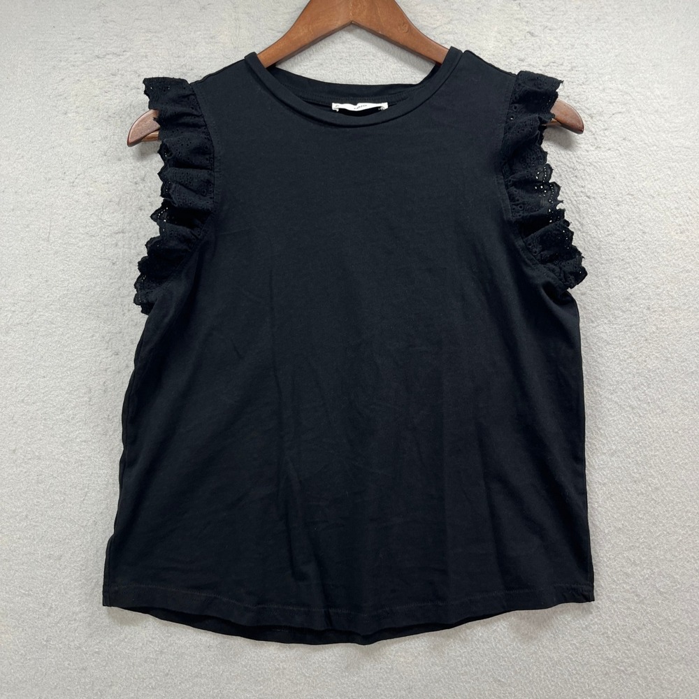 MNG Mango Top Womens Medium Black Ruffle Eyelet Sleeveless Cotton Casual Chic